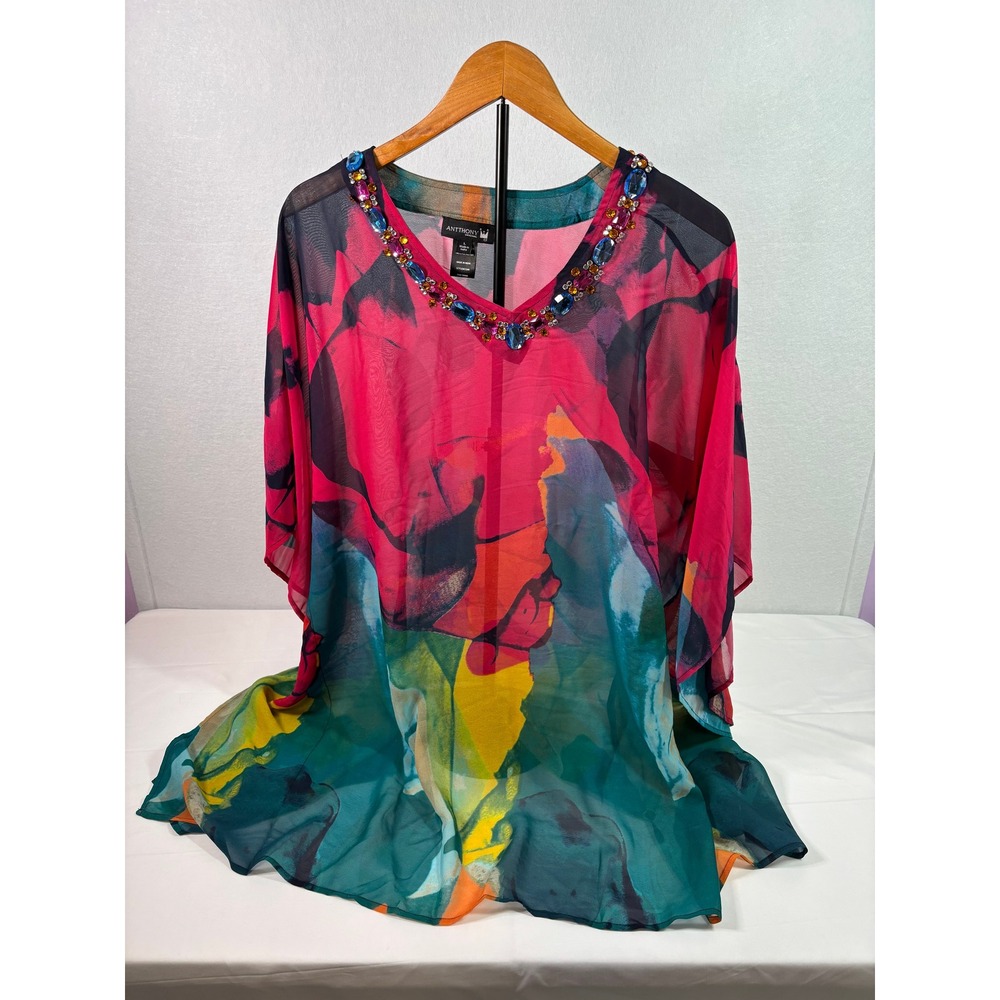 Antthony Original Pink Abstract Watercolor Jewel Neck Caftan Top Large 21349
